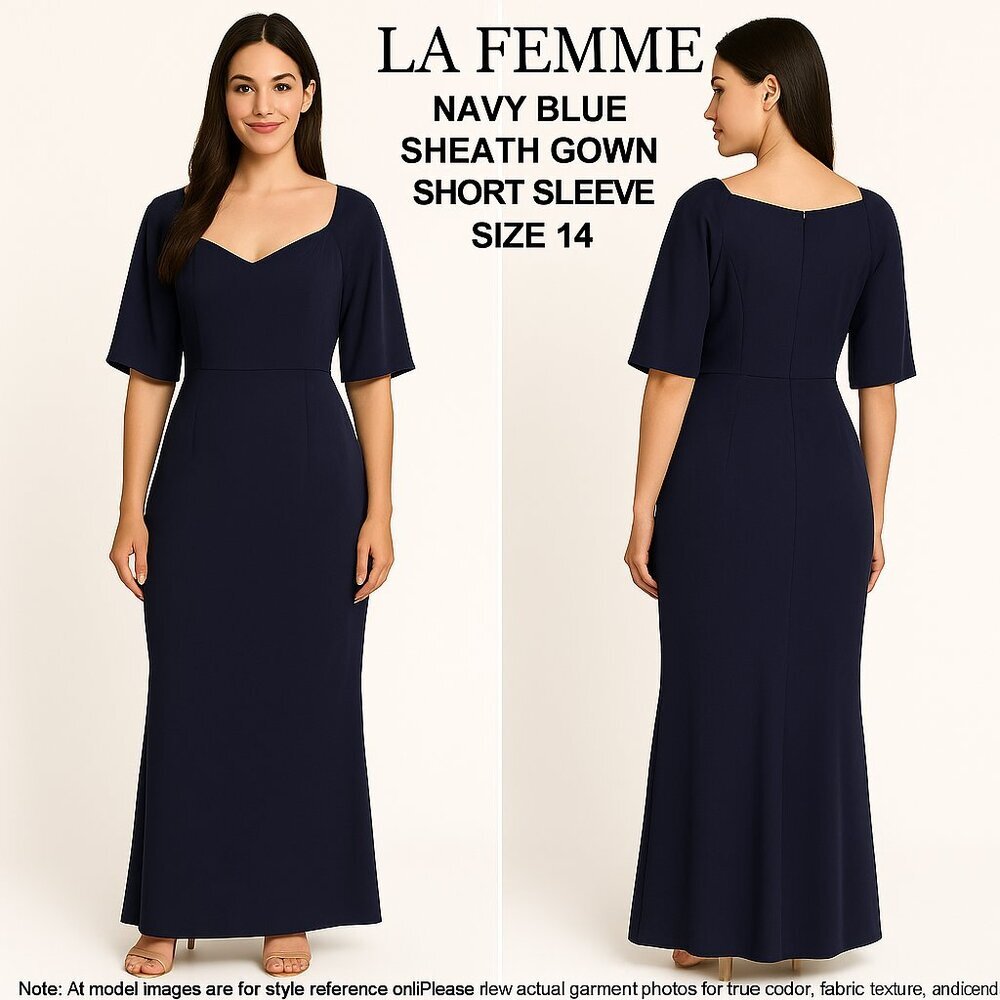 La Femme Navy Blue Sheath Gown Short Sleeve Size 14